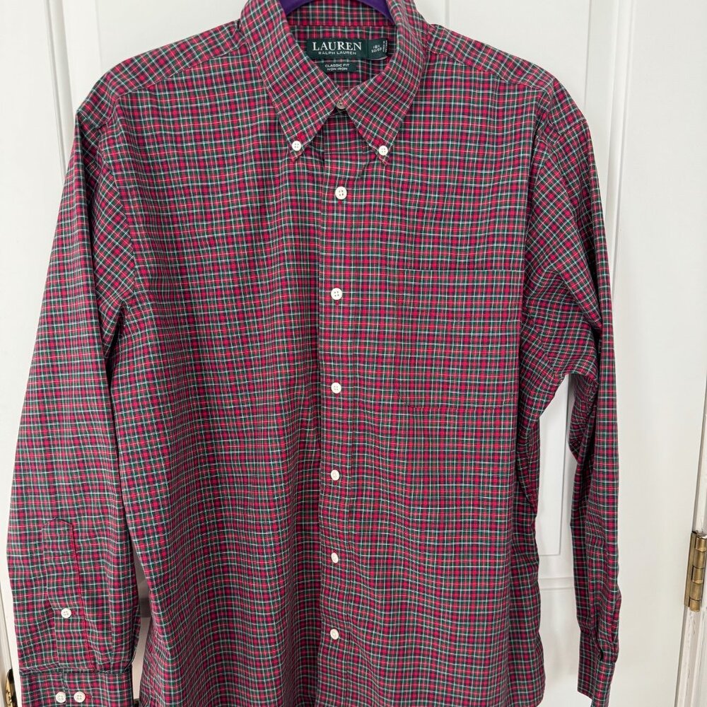 Men's Ralph Lauren No-Iron Plaid Button Down Dress Shirt size 16.5 32/33
